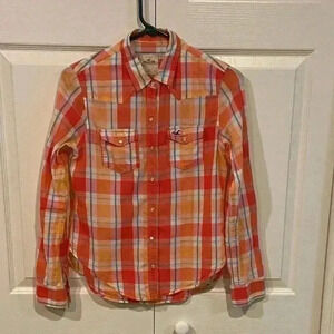 Hollister Jr/Women Western Orange/Blue Long Sleeve Pearl Snap Close Shirt XSMALL